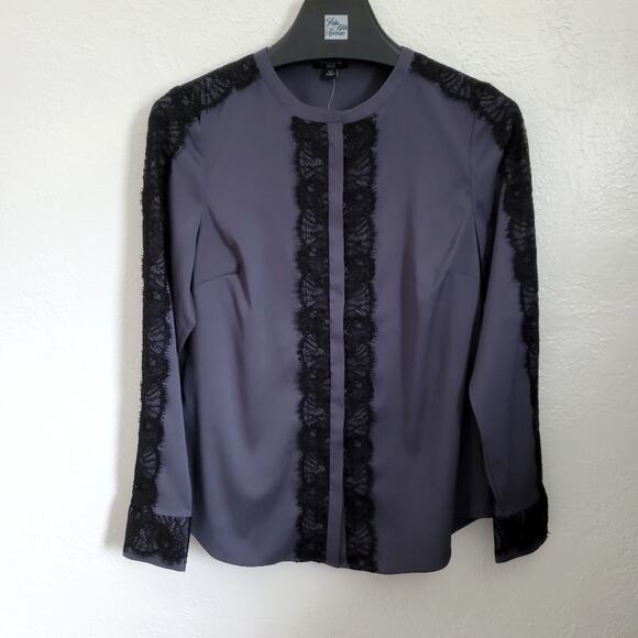 New with Tags Ann Taylor Button Up Shirt Blue with Black Lace Detail 4 Petite - Picture 4 of 10